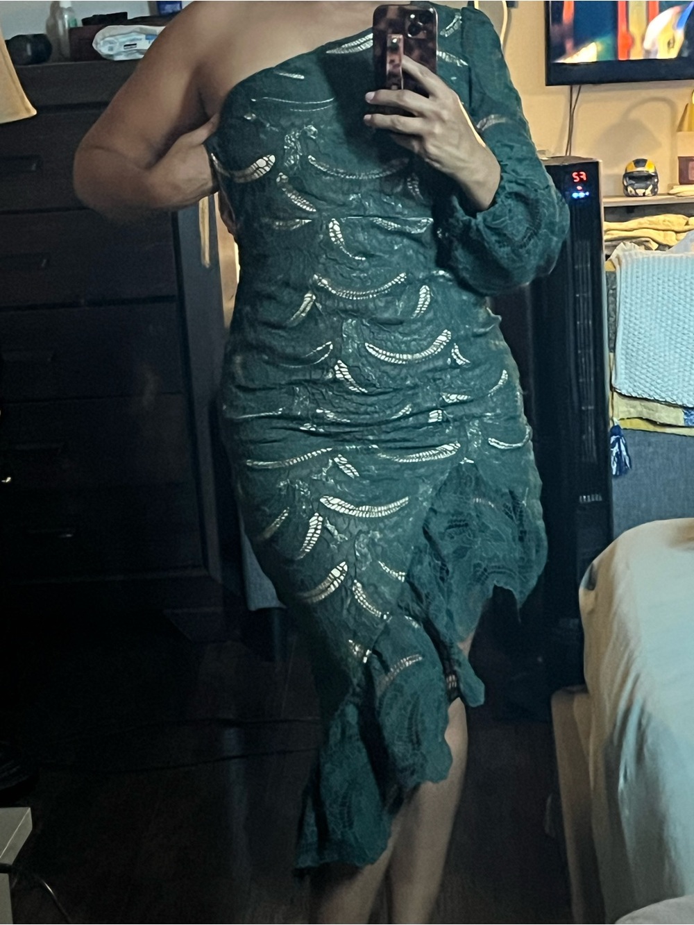 Emerald Green One Shoulder Lace Dress